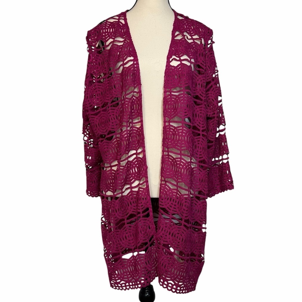 Catherines Fuchsia Open Knit Cardigan Crochet 3/4 sleeve Women’s plus size 1X